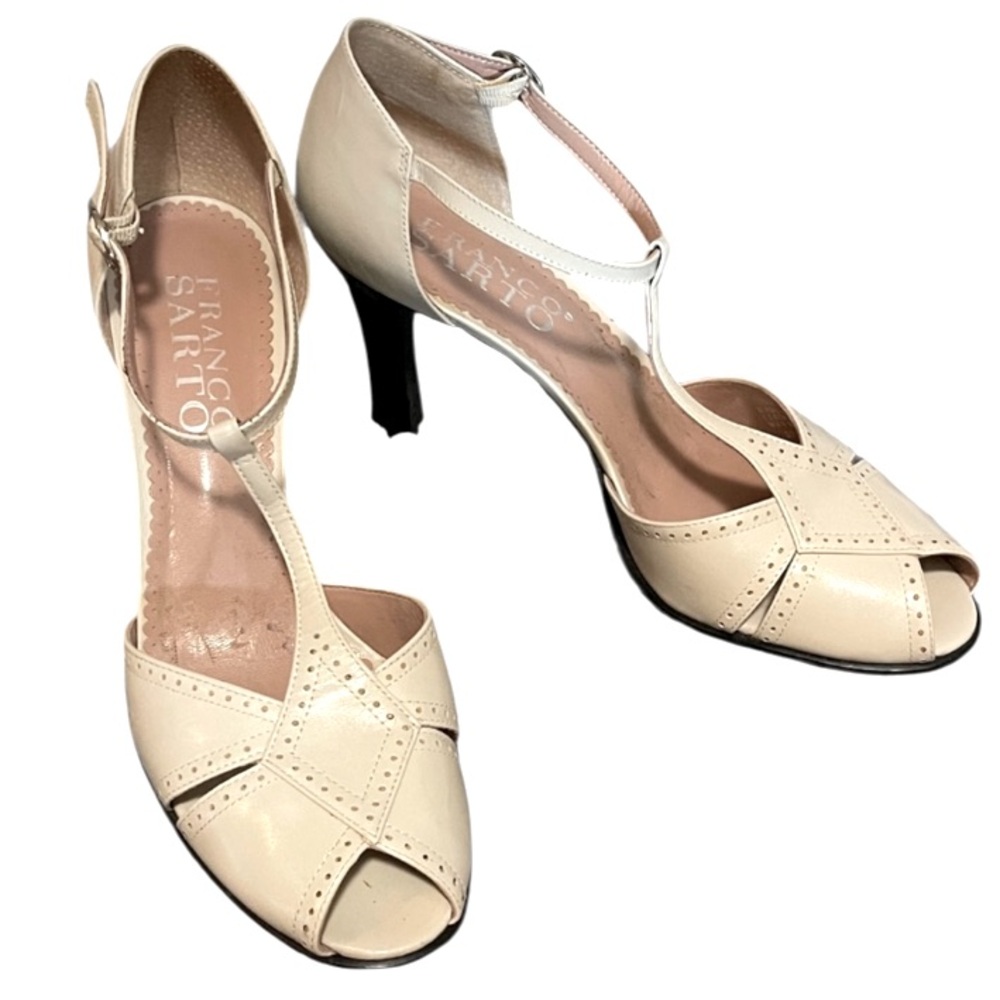Franco Sarto Cream T-Strap Peep Toe Heels